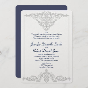 Invitation Silver White et Navy Mariage damassé