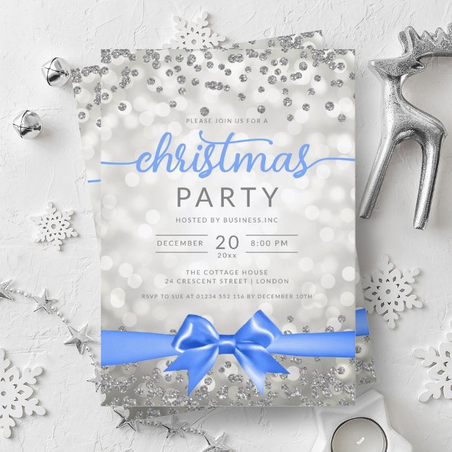 Invitation Silver Winter Glam Company Xmas Blue Ribbon (Silver Winter Glam Company Xmas Blue Ribbon Invitation)