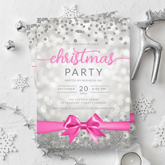 Invitation Silver Winter Glam Company Xmas Hot Pink Ribbon (Silver Winter Glam Company Xmas Hot Pink Ribbon Invitation)