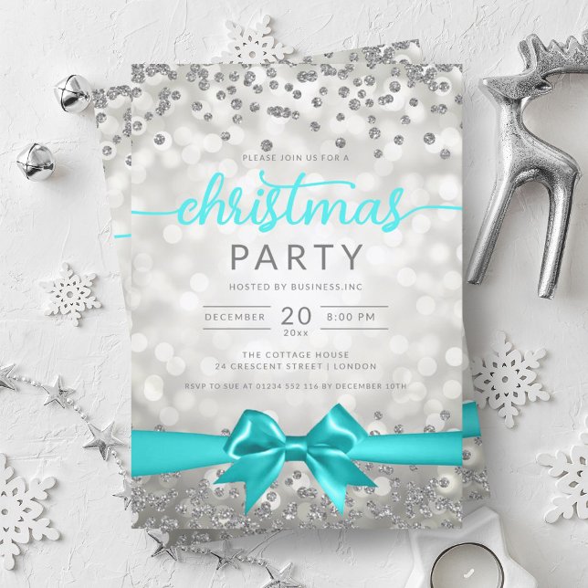 Invitation Silver Winter Glam Company Xmas Turquoise Ribbon (Silver Winter Glam Company Xmas Turquoise Ribbon Invitation)