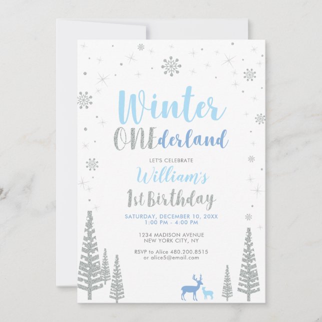 Invitation Silver Winter onederland 1er anniversaire garçon (Devant)