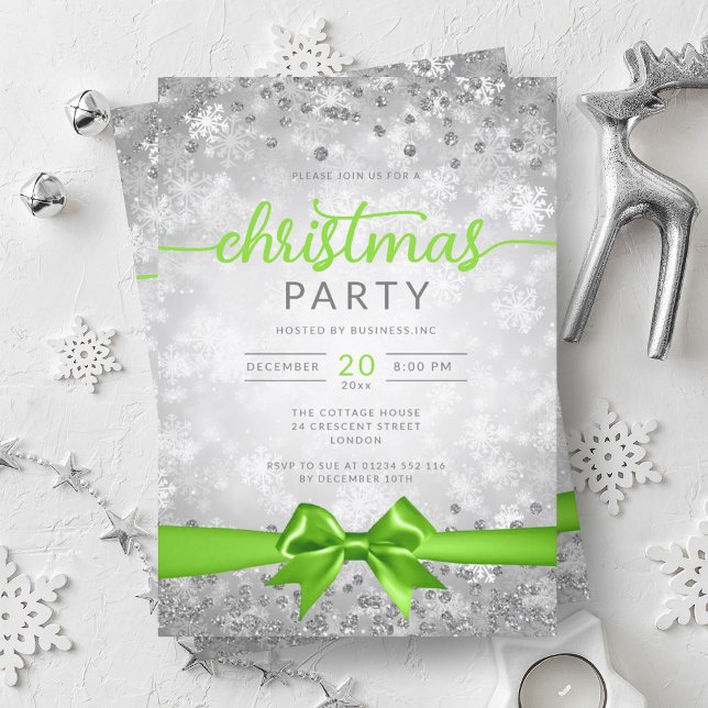 Invitation Silver Winter Snowflakes Company Green Ribbon (Silver Winter Snowflakes Company Green Ribbon Invitation)