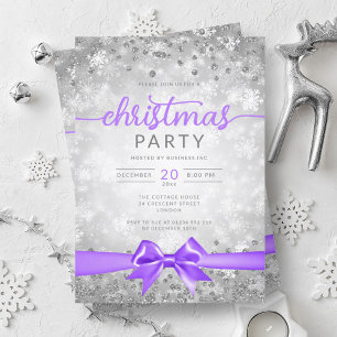 Invitation Silver Winter Snowflakes Company Purple Ribbon