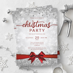 Invitation Silver Winter Snowflakes Company Red Ribbon