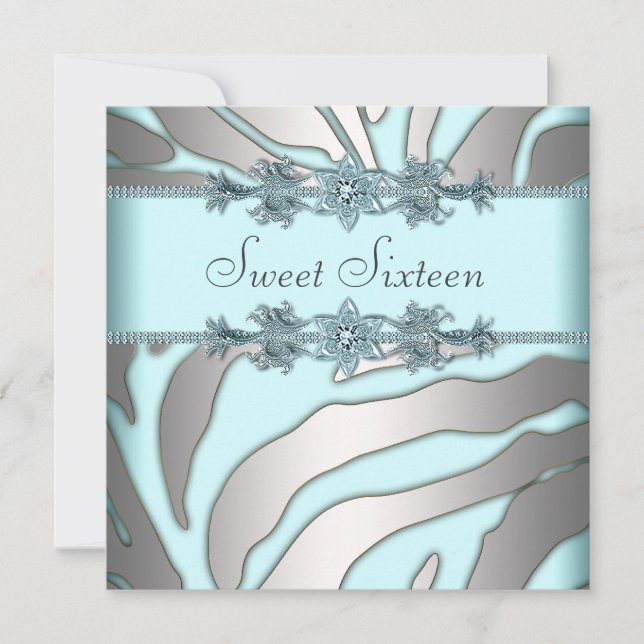 Invitation Silver Zebra Turquoise Blue Sweet 16 Anniversaire (Devant)