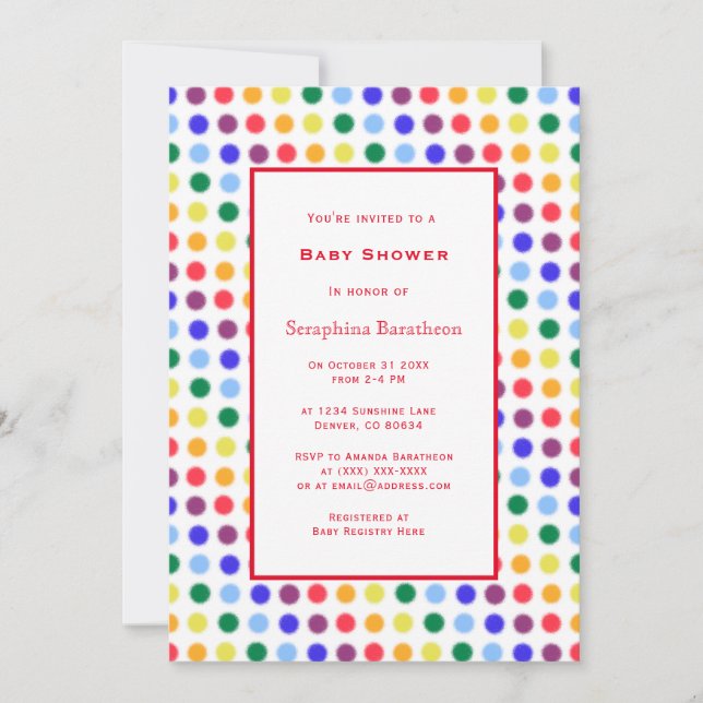 Invitation Simple amusant Rainbow Polka Baby shower frontière (Devant)