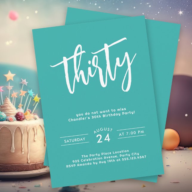 Invitation Simple Aqua Colorful 30th Birthday Party (Celebrate 30 with pizzazz with this vibrant aqua birthday party invitation.)