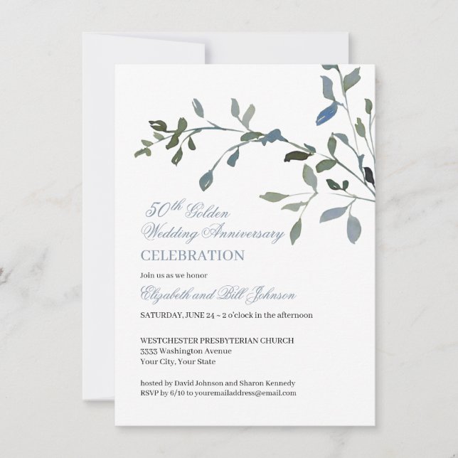 Invitation Simple aquarelle bleue 50e anniversaire de mariage (Devant)