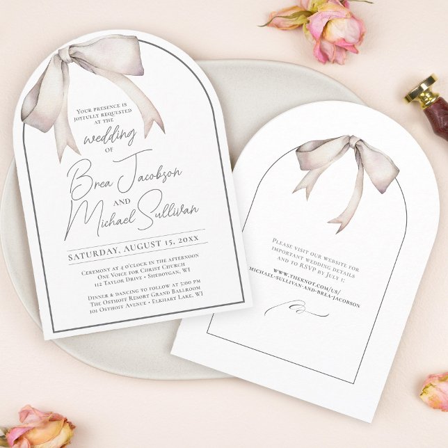 Invitation Simple Aquarelle Bow Élégant Mariage d'arc moderne (Beautiful, soft, elegant, simple floppy white bow coquette aesthetic arch shape wedding invitation)