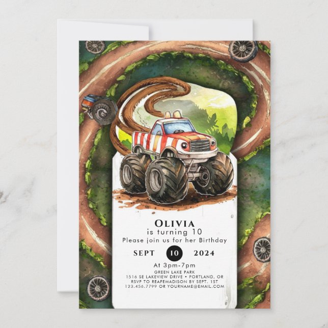 Invitation Simple aquarelle Monster Camion Anniversaire (Devant)