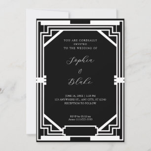 Invitation Simple Art Déco Mariage Vintage Noir et Blanc