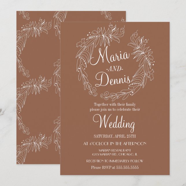 Invitation Simple Automne Terracotta Ligne verte Wreath (Devant / Derrière)