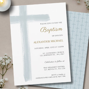 Invitation Simple Baptême de Garçon Croix Bleu Poussiéreux