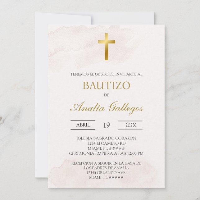 Invitation Simple beige Spanish baptism (Devant)