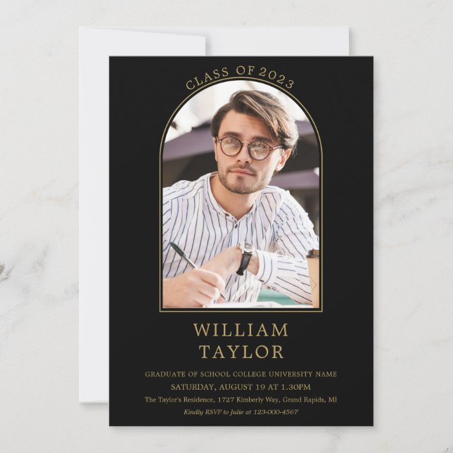 Invitation Simple Black And Gold Arch Photo Party Graduation (Devant)