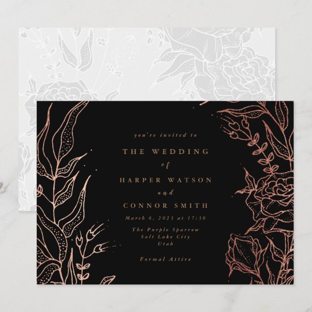 Invitation Simple Black Gold Copper Élégant Mariage floral (Devant / Derrière)
