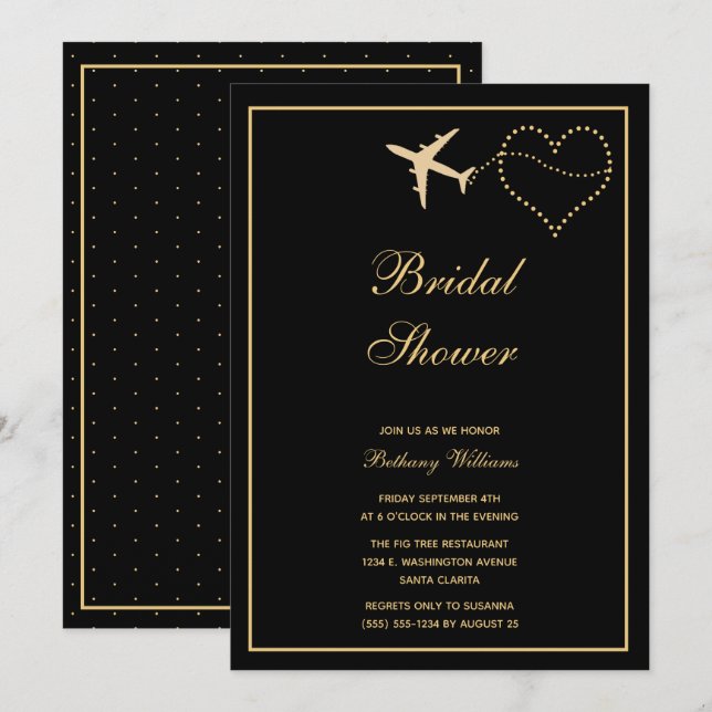 Invitation Simple Black Gold Travel Fête des mariées (Devant / Derrière)