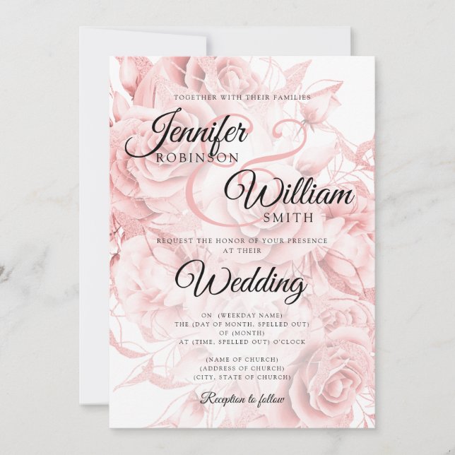 Invitation Simple Black & Rose Gold Elegant Mariage floral (Devant)