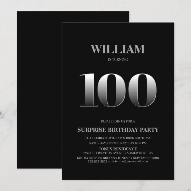 Invitation Simple Black Silver Surprise 100e anniversaire (Devant / Derrière)