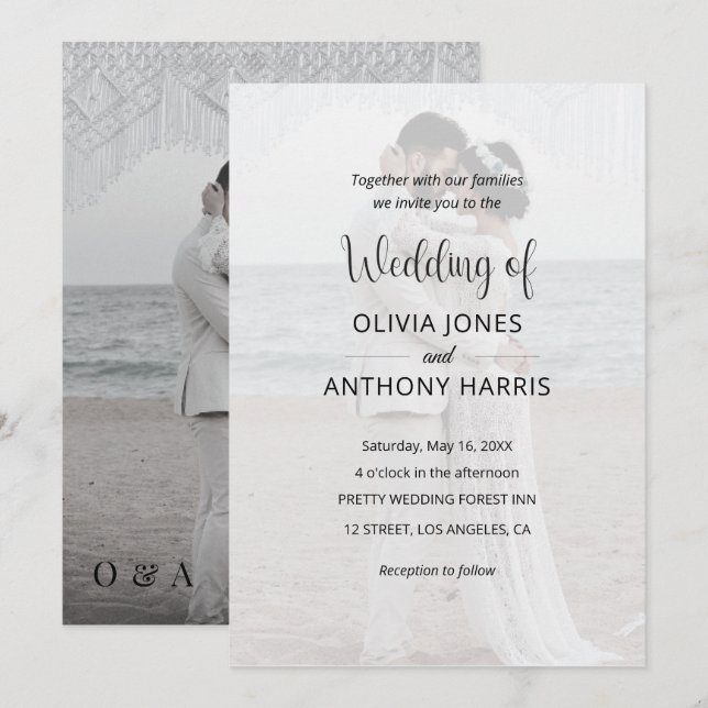 Invitation Simple Black & White Overlay Photo Wedding (Devant / Derrière)