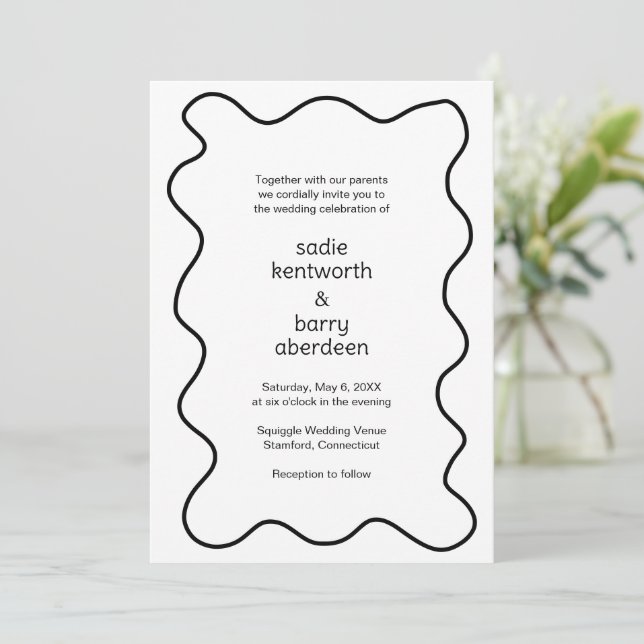 Invitation Simple Black White Squigame Frame Mariage moderne (Debout devant)