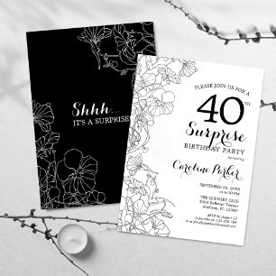 Invitation Simple Black White Surprise 40e fête d'anniversair
