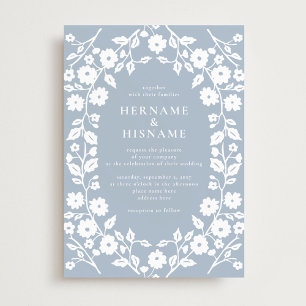 Invitation Simple Blanc Folal Floral Dusty Blue Mariage