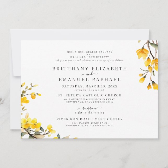 Invitation Simple Blanc Les deux parents Jaune Floral Mariage (Devant)