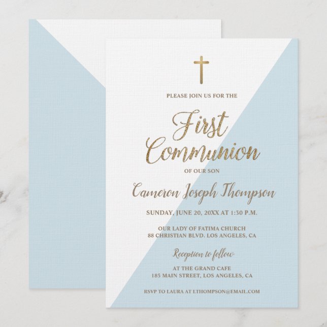 Invitation Simple Bleu Blanc Or Moderne Première communion (Devant / Derrière)