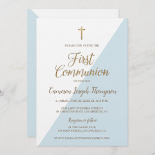 Invitation Simple Bleu Blanc Or Moderne Première communion