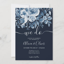 Invitation Simple bleu marine floral photo initiales mariage