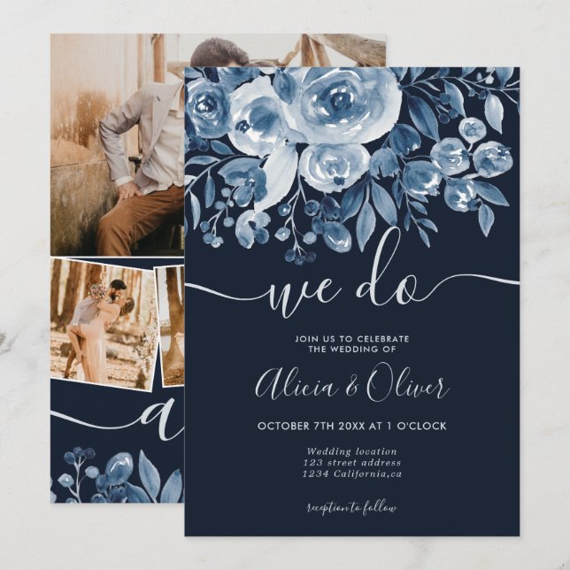 Invitation Simple bleu marine floral photo initiales mariage (Devant / Derrière)