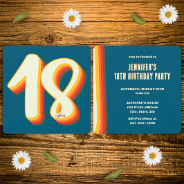 Invitation Simple Bleu Moderne Rétro Groovy 18e Anniversaire