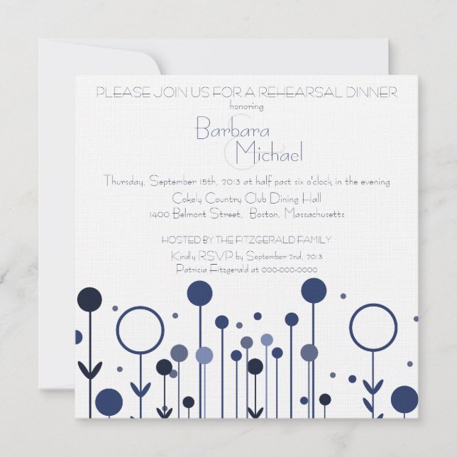 Invitation Simple Blue Floral Dot Moderne Dîner de répétition (Devant)