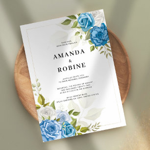 Invitation Simple Blue Floral Mariage élégant