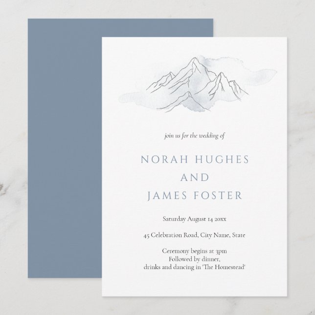 Invitation Simple Blue Watercolor Mountain Mariage naturel (Devant / Derrière)