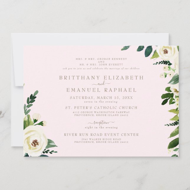 Invitation Simple Blush & Gold Floral Les deux parents Mariag (Devant)