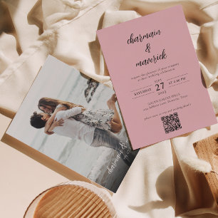 Invitation Simple Blush Pink Script Photo QR Code Mariage
