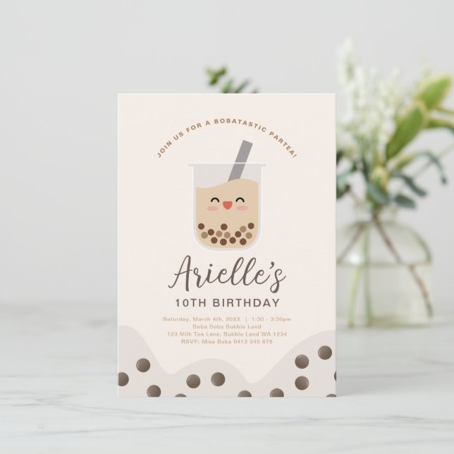 Invitation Simple Boba Bubble Lait Thé Anniversaire Invitatio (Debout devant)