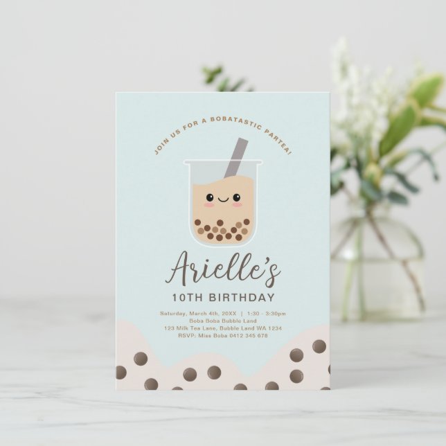 Invitation Simple Boba Bubble Lait Thé Bleu Anniversaire (Debout devant)