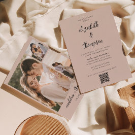 Invitation Simple Boho Beige Script Photo QR Code Mariage
