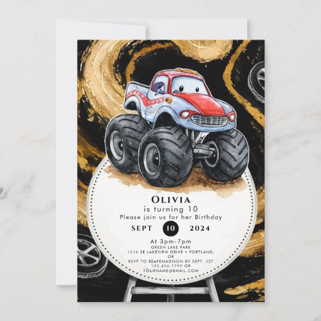 Invitation Simple Boho Monster Truck Anniversaire (Devant)