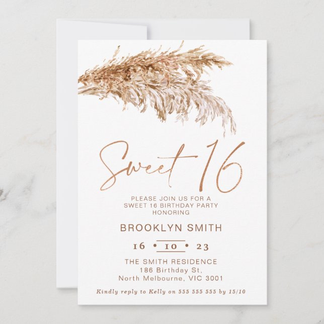Invitation Simple Boho Pampas Grass Sweet 16 Anniversaire (Devant)