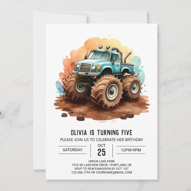 Invitation Simple Boho Wheels Monster Truck Anniversaire (Devant)
