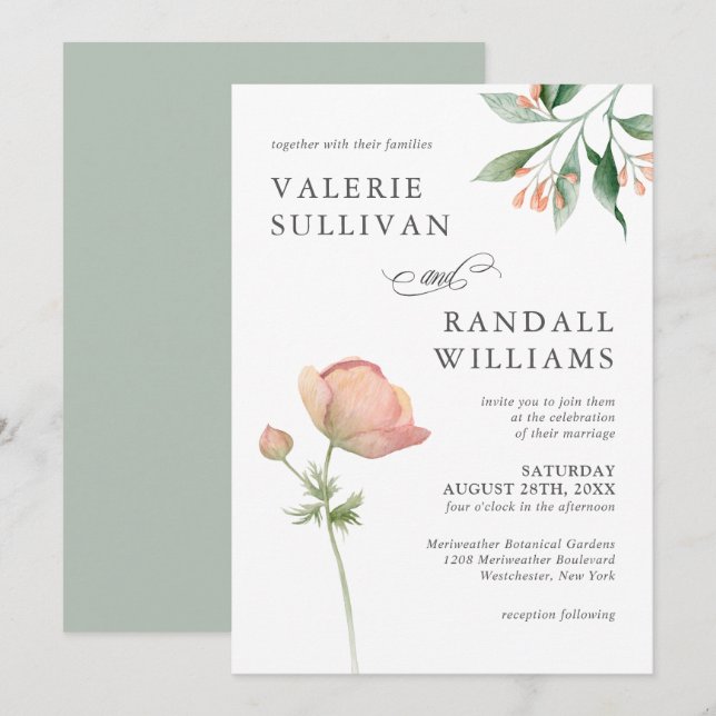 Invitation Simple Botanique Élégant Mariage Floral (Devant / Derrière)