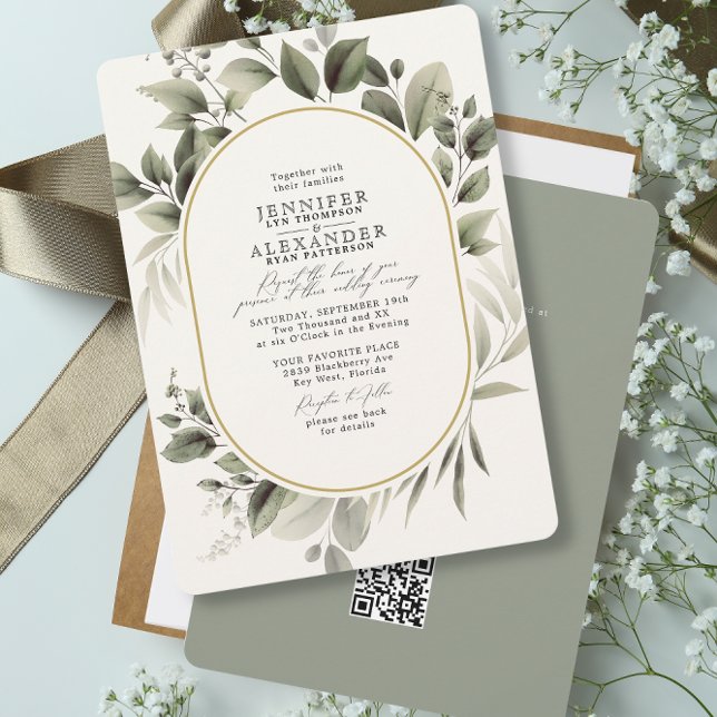 Invitation Simple Botanique RSVP QR Code Mariage vert ivoire (Créateur téléchargé)