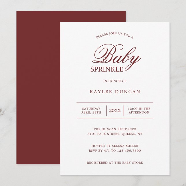 Invitation Simple Burgundy Blanc Genre Neutre Bébé Saupoudrer (Devant / Derrière)