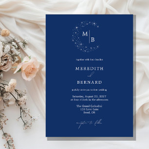 Invitation Simple Céleste Élégant Monogramme Mariage Bleu
