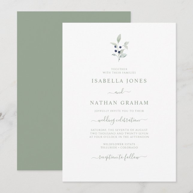 Invitation Simple Chic Aquarelle Sage Marine Mariage botaniqu (Devant / Derrière)