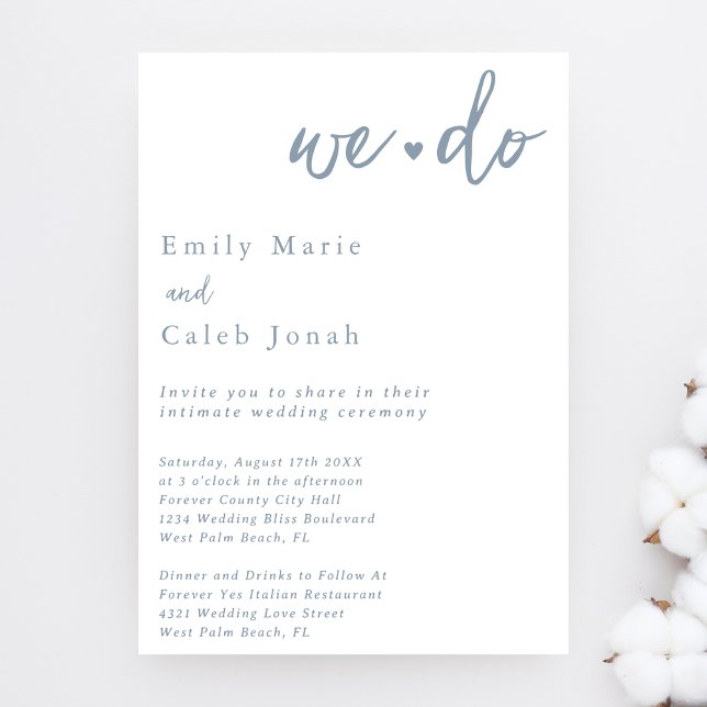 Invitation Simple Chic Bleu Poussiéreux Mariage Intime au Pal (Créateur téléchargé)